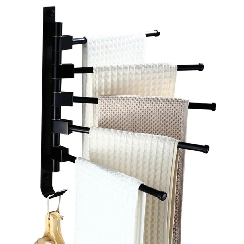 2/3/4/5 Poles Black Stainless Steel Wall Mounted Towel Bar Rack Holder Hook Swivel Bathroom Hanger - Image 2