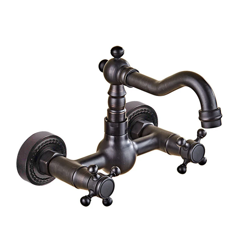 Antique Brass 360 Rotation Double Handle Kitchen Sink Faucet Wall Mounted Crane Bathroom Basin Cold And Hot Mixer Tap - Image 10