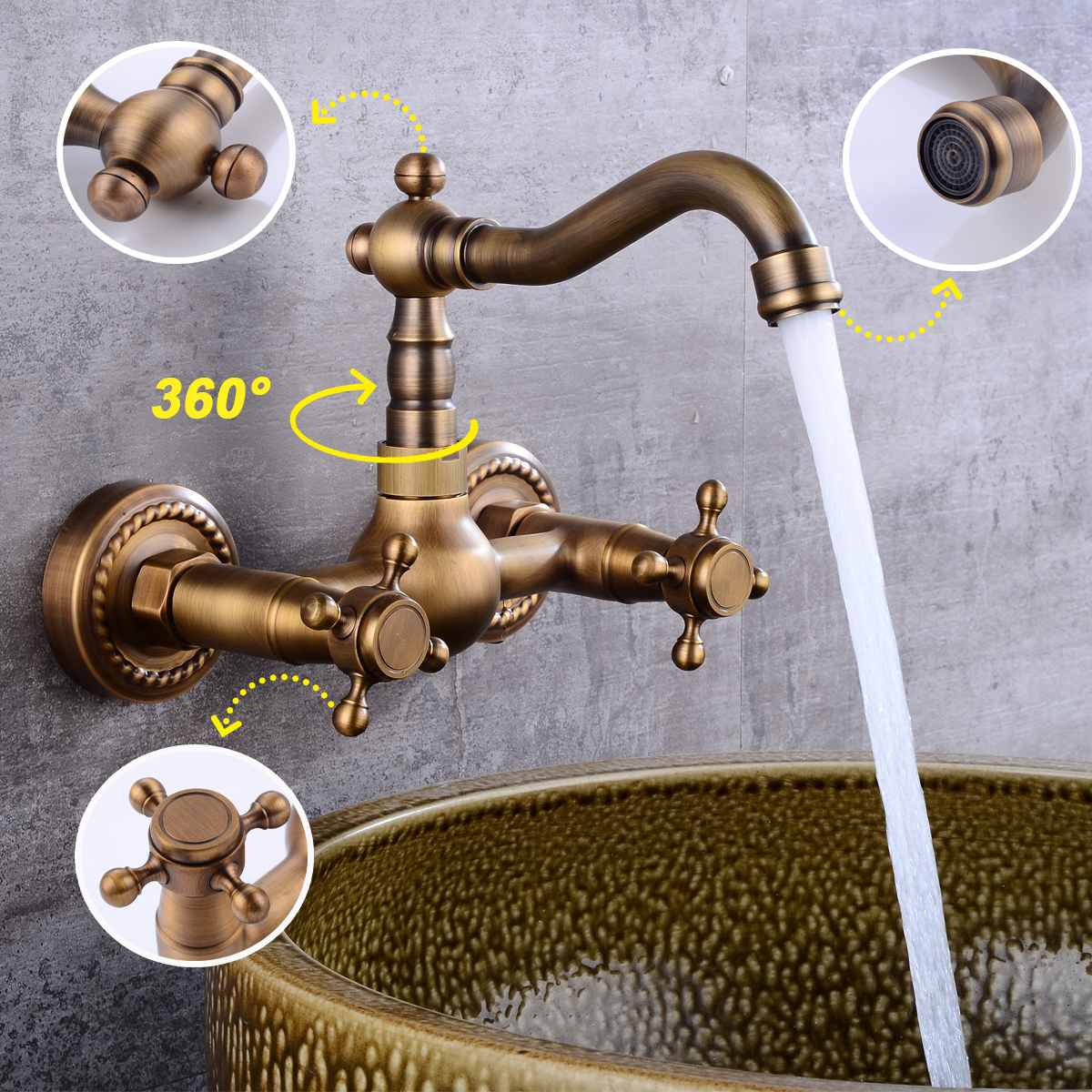 Antique Brass 360 Rotation Double Handle Kitchen Sink Faucet Wall Mounted Crane Bathroom Basin Cold And Hot Mixer Tap - Image 3