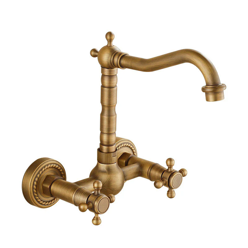 Antique Brass 360 Rotation Double Handle Kitchen Sink Faucet Wall Mounted Crane Bathroom Basin Cold And Hot Mixer Tap - Image 7