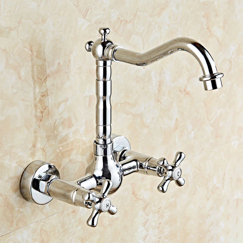 Antique Brass 360 Rotation Double Handle Kitchen Sink Faucet Wall Mounted Crane Bathroom Basin Cold And Hot Mixer Tap - Image 9