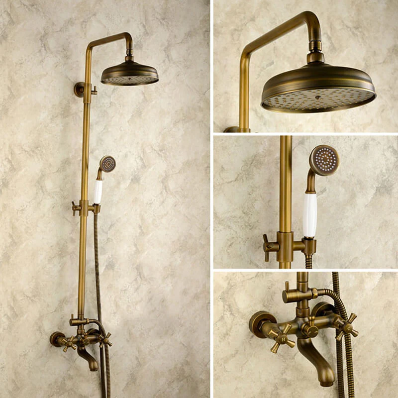 Antique Copper Shower Faucet | Luxury Bathroom Shower Faucet Set 8-inch Round Rainfall Shower Head + Hand Spray + Tub Tap - Image 3
