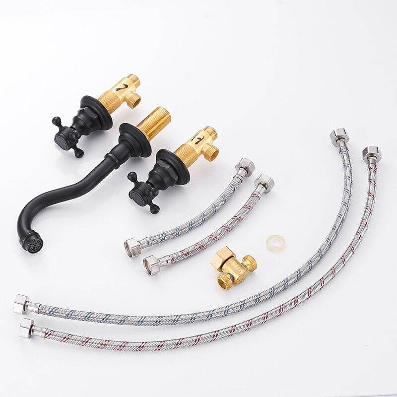 Basin Faucets Wall Mounted Brass Bathroom Sink Basin Mixer Tap Faucet 3 Pcs Black Faucet Dual Handle Sink Mixer Taps - Image 6