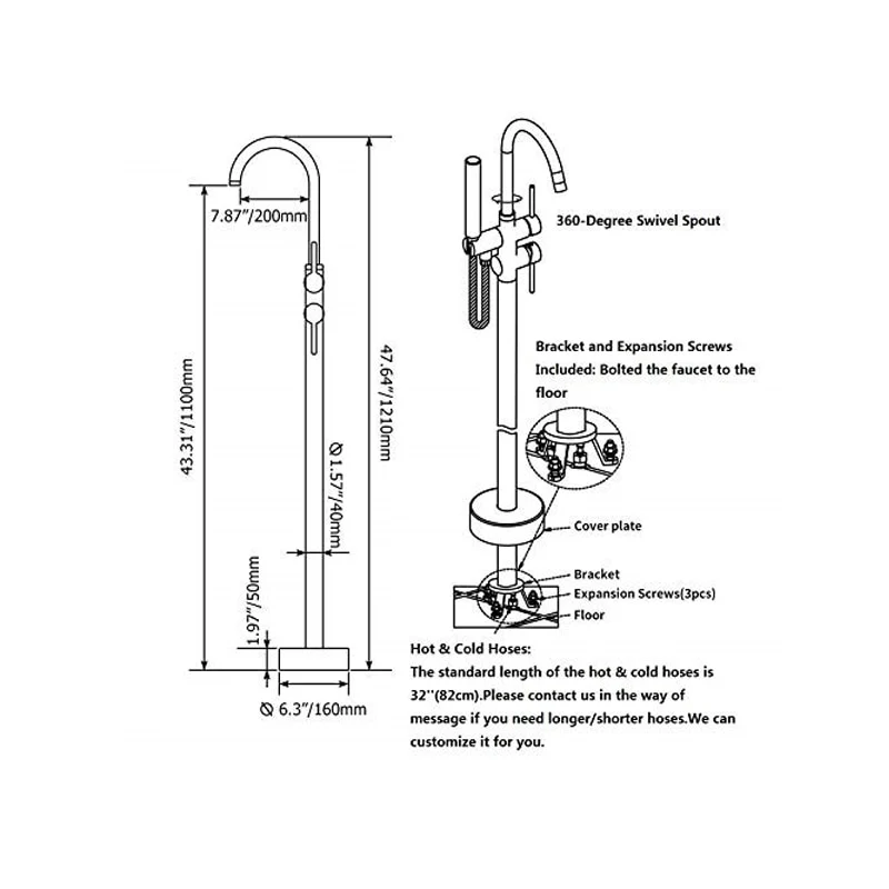 Bathroom Bathtub Faucet Mixer Freestanding Bathtub Faucet Bathtub Tap Hot and Cold Water Bath Tub Faucet Floor Mounted - Image 11