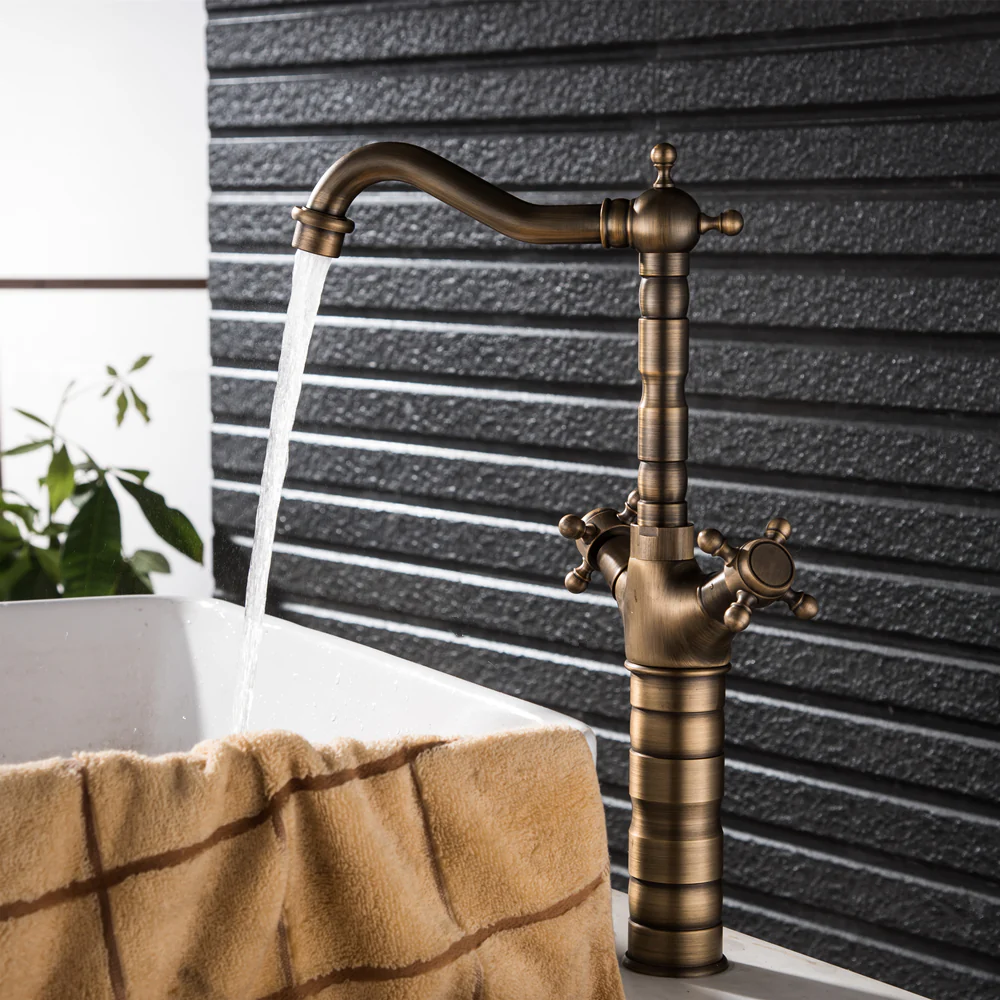 Bathroom Countertop Vessel Sink Faucet | Dual Handles Basin Mixer Taps | Retro Copper Basin Faucet - Image 6