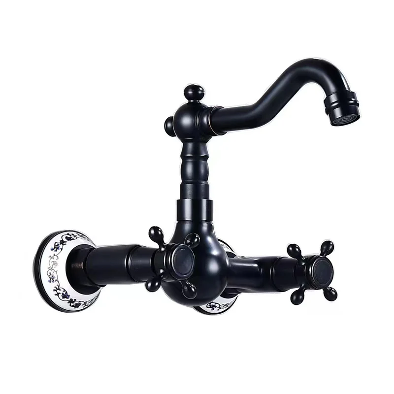 Bathroom Dual Knobs Vessel Sink Faucet | Wall Mounted Basin Mixer Tap Oil Rubbed Bronze - Image 5