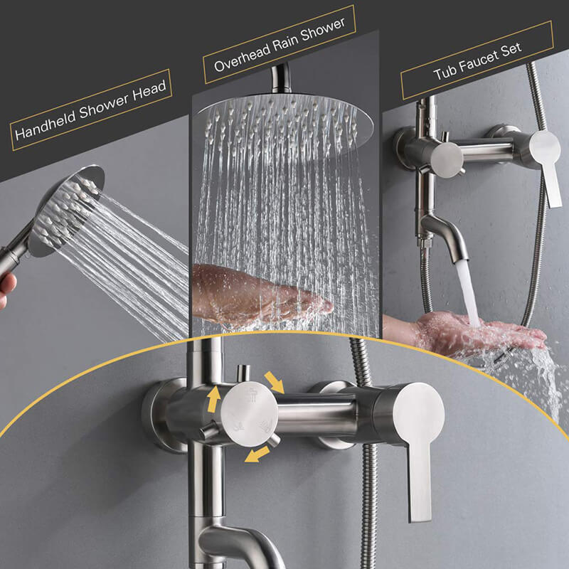 Bathroom Shower Column Set | SUS 304 Stainless Steel Bathroom Shower System | Wall Mounted Adjustable Triple Function Shower Faucet Brushed Nickel - Image 3