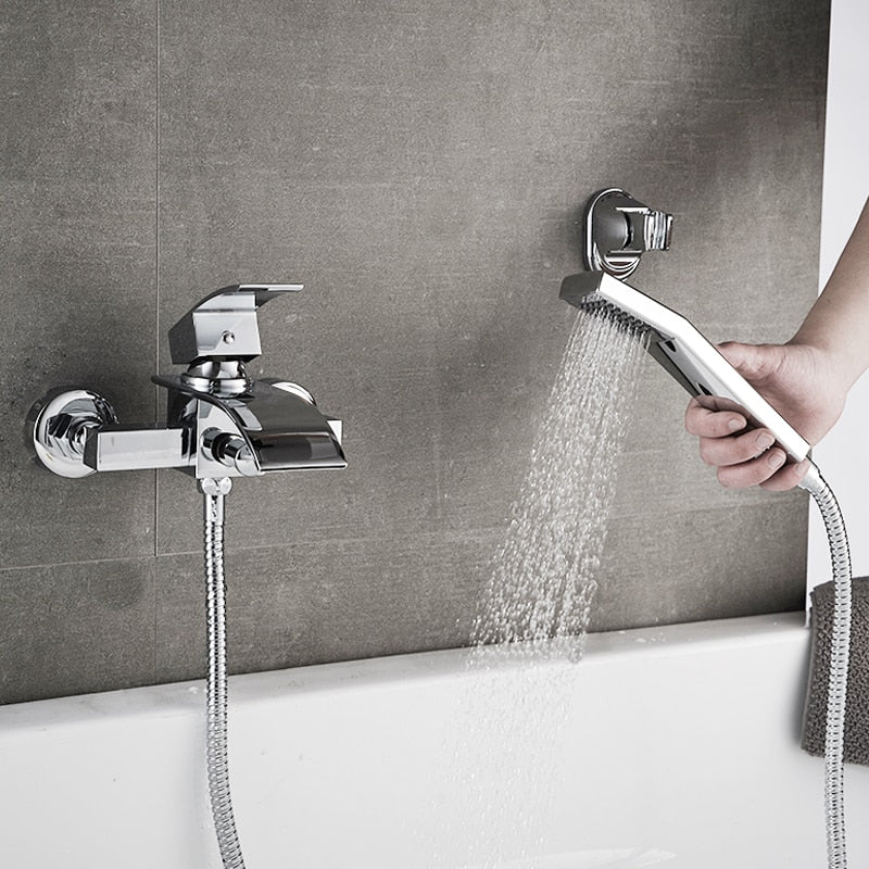 Bathtub Shower Set Wall Mounted Waterfall Bath Faucet | Bathroom Cold and Hot Mixer Taps Brass Chrome - Image 3