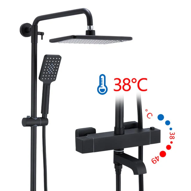 Black Shower Faucets Thermostatic Shower Column Set For Bathroom Mixer Waterfall Faucet Shower Thermostat Tap Rainfall Shower - Image 4