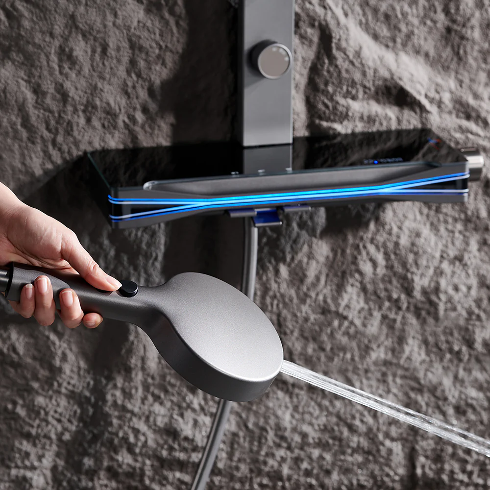Brass Thermostatic Shower System with Overhead Rainfall & Handheld Spray Water-Saving Multi-Function Spa Bath Fixture - Image 9