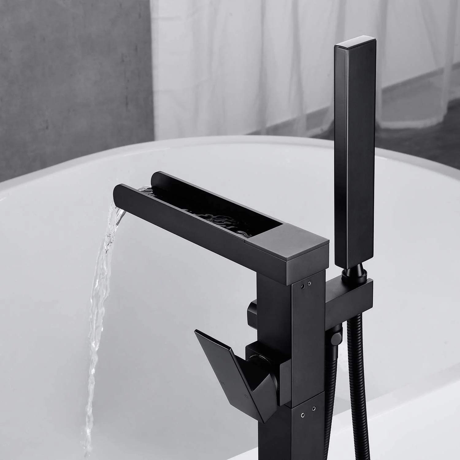 Freestanding Bathtub Faucet Floor Mount Tub Filler Single Handle Brass Tap with Hand Shower and Swivel Spout - Image 7