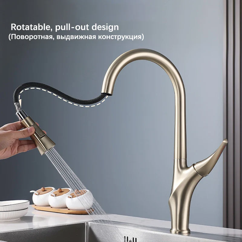Brushed Gold Pull Out Kitchen Faucet Rotatable Cold Hot Water Mixer Taps Single Handle Deck Mounted Kitchen Sink Faucets - Image 3
