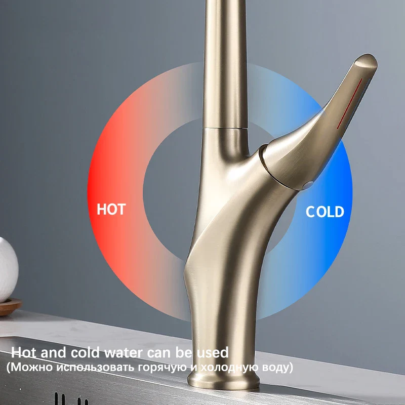 Brushed Gold Pull Out Kitchen Faucet Rotatable Cold Hot Water Mixer Taps Single Handle Deck Mounted Kitchen Sink Faucets - Image 4
