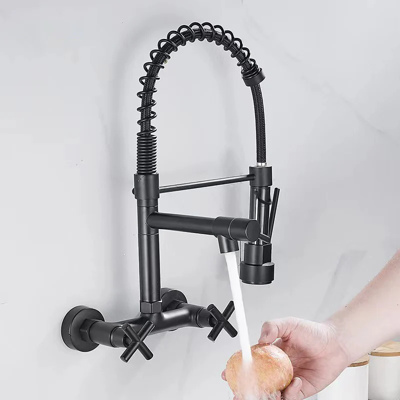 Brushed Spring Pull Down Kitchen Faucet Cold Water Dual Spouts Handheld Shower Kitchen Taps Wall Mounted Kitchen Washing Crane - Image 12