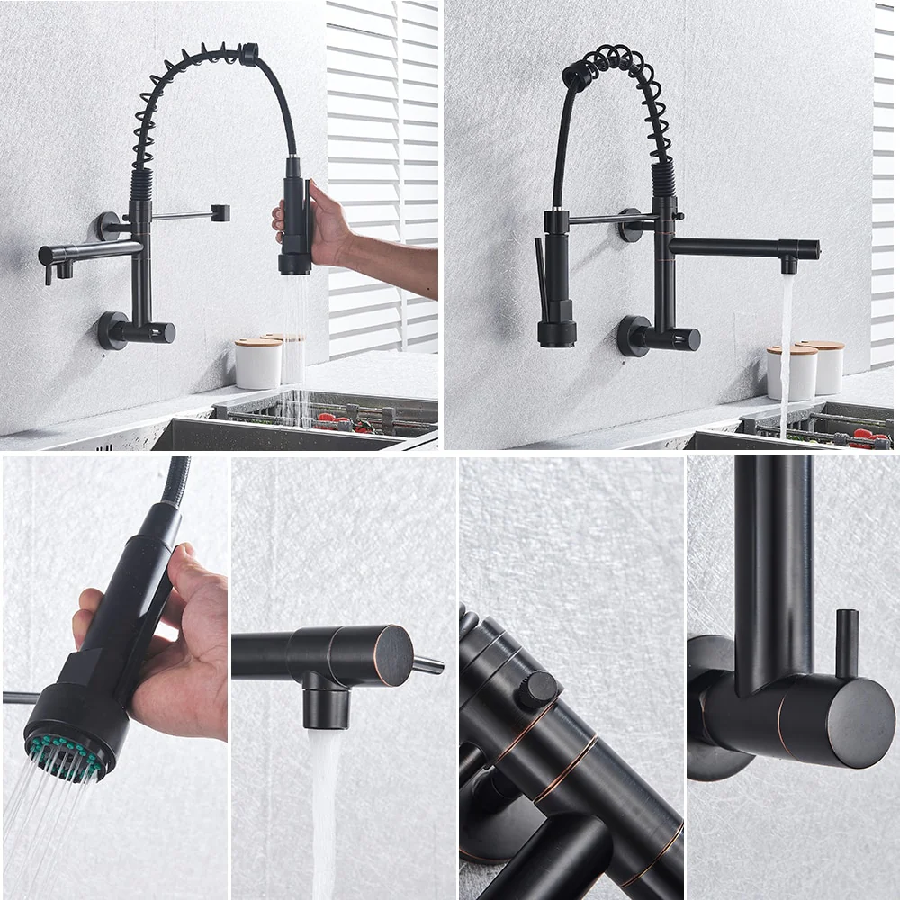 Brushed Spring Pull Down Kitchen Faucet Cold Water Dual Spouts Handheld Shower Kitchen Taps Wall Mounted Kitchen Washing Crane - Image 4