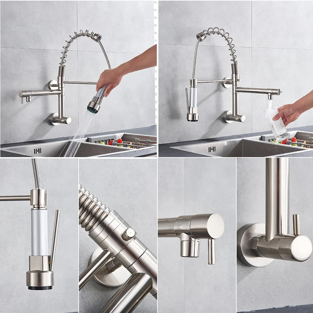 Brushed Spring Pull Down Kitchen Faucet Cold Water Dual Spouts Handheld Shower Kitchen Taps Wall Mounted Kitchen Washing Crane - Image 5