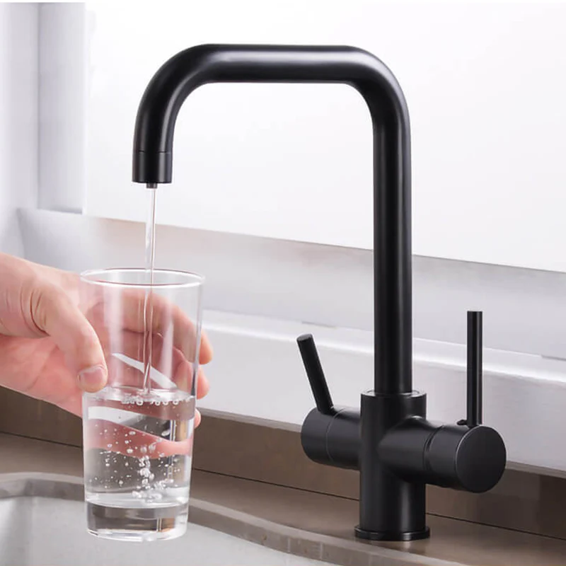 Contemporary Kitchen Sink Faucet | Dual Handle Brass Kitchen Faucets with Drinking Water Function | Deck-Mounted Kitchen Mixer In 3 Colors - Image 7