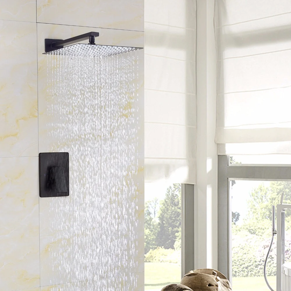 Black Rain Shower System Brass Fixed Shower Head Rain Mixer Shower Combo Wall Mount Shower Trim Kit with Rough-in - Image 5