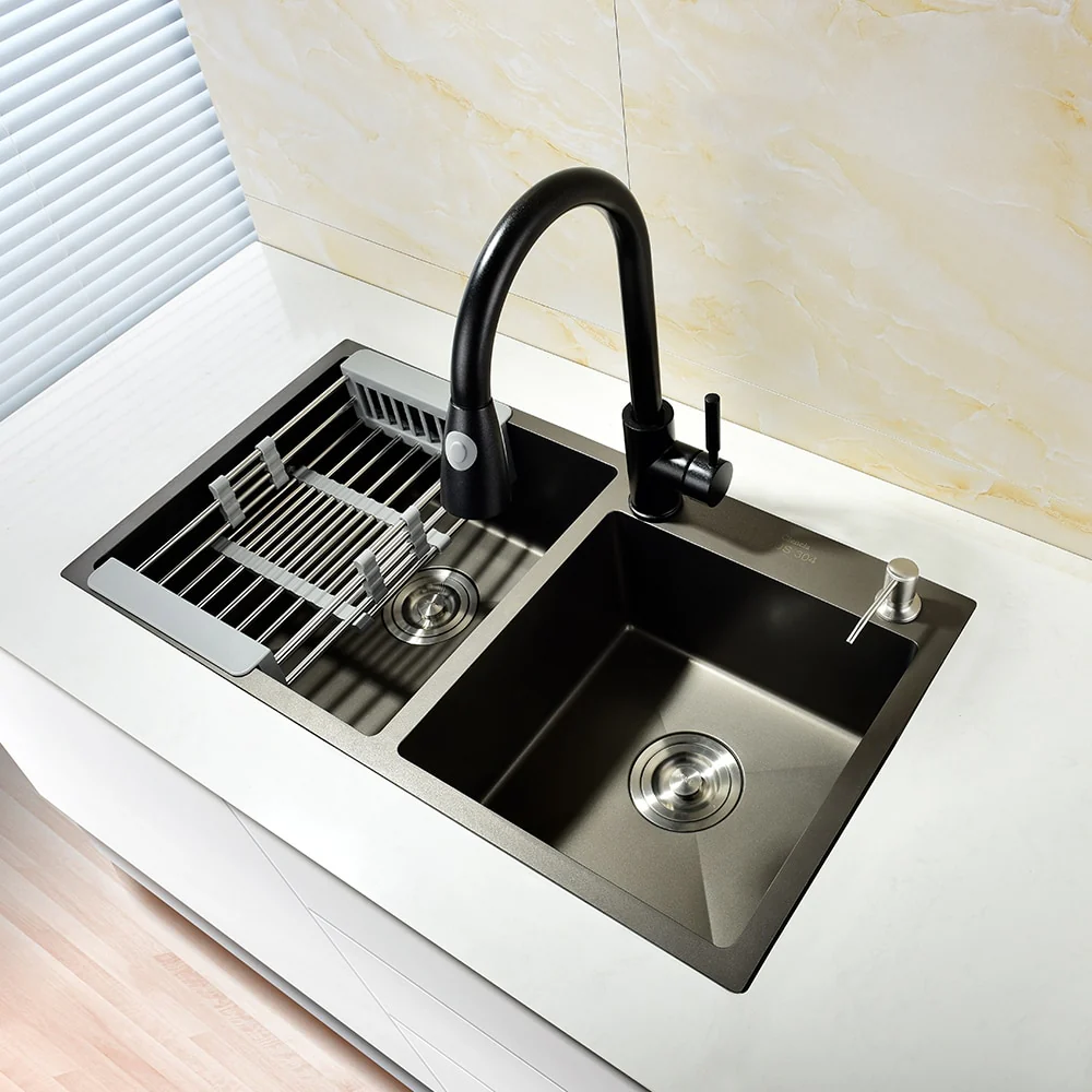 Stainless Steel Black DoubIe Under Mounted Kitchen Sink Set With Pull Out Faucet Not Sticky Oil For Kitchen - Image 3