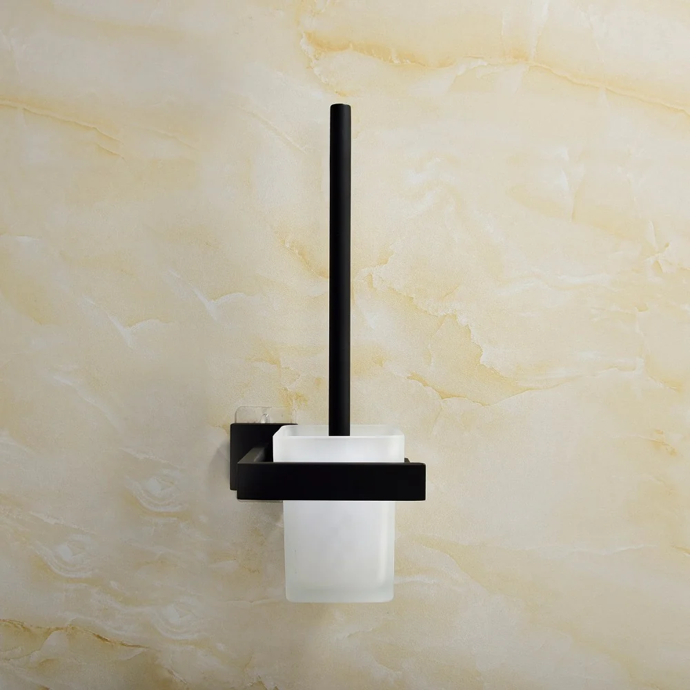Stainless Steel Black Toilet Brush with Holder Wall Mounted Self Adhesive and Drilling Toilet Brush Set - Image 3