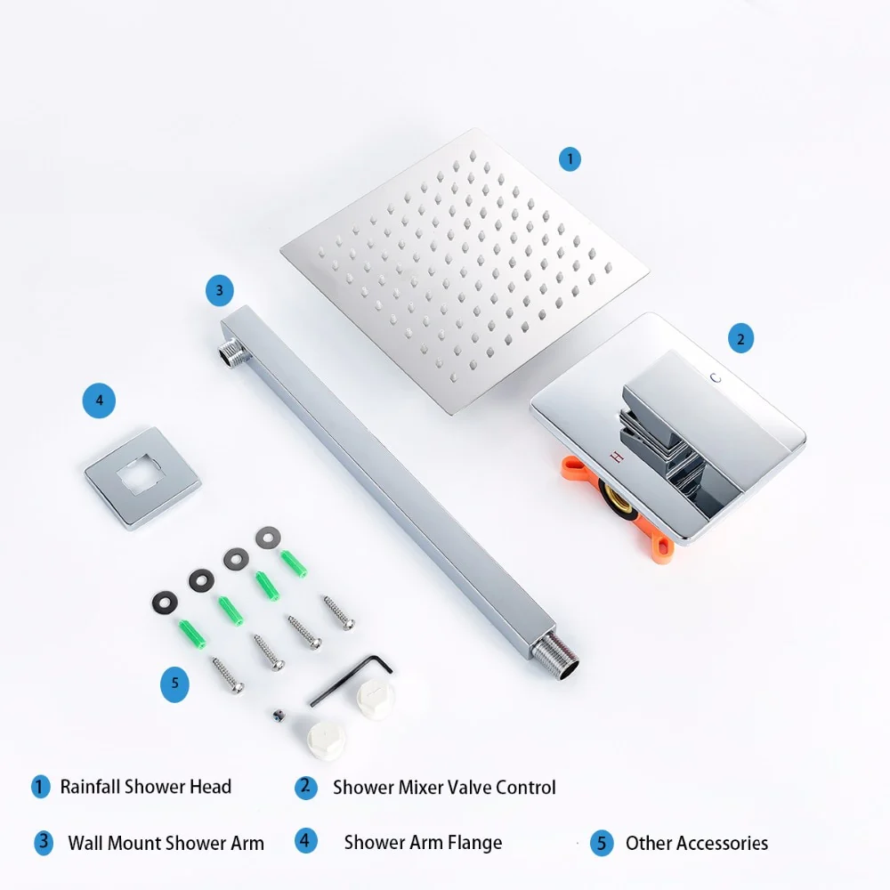 Rain Shower System Brass Fixed Shower Head Rain Mixer Shower Combo Wall Mount Shower Trim Kit with Rough-in Valve - Image 5