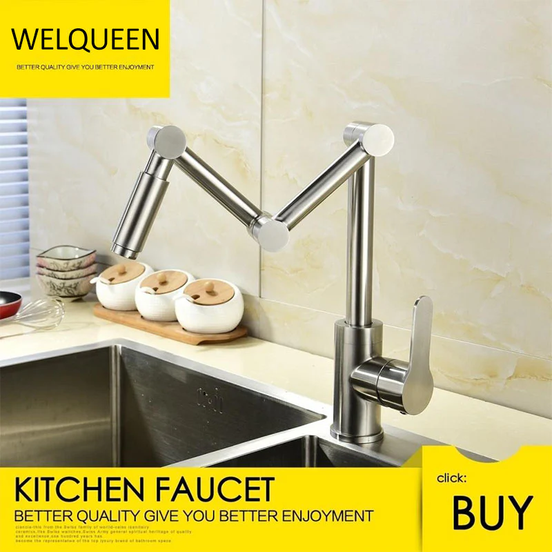 Stainless Steel Brushed Nickel 360 Degree Rotating Kitchen Faucet Cold and Hot Water Mixer Deck Mounted Tap