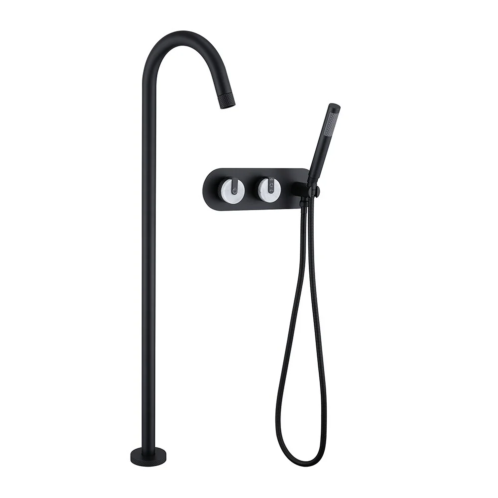 Freestanding Bathtub Faucet Tub Filler Jade Dual Handle Floor Mount Bathroom Faucet with Handheld Shower Bath Mixer Tap - Image 12