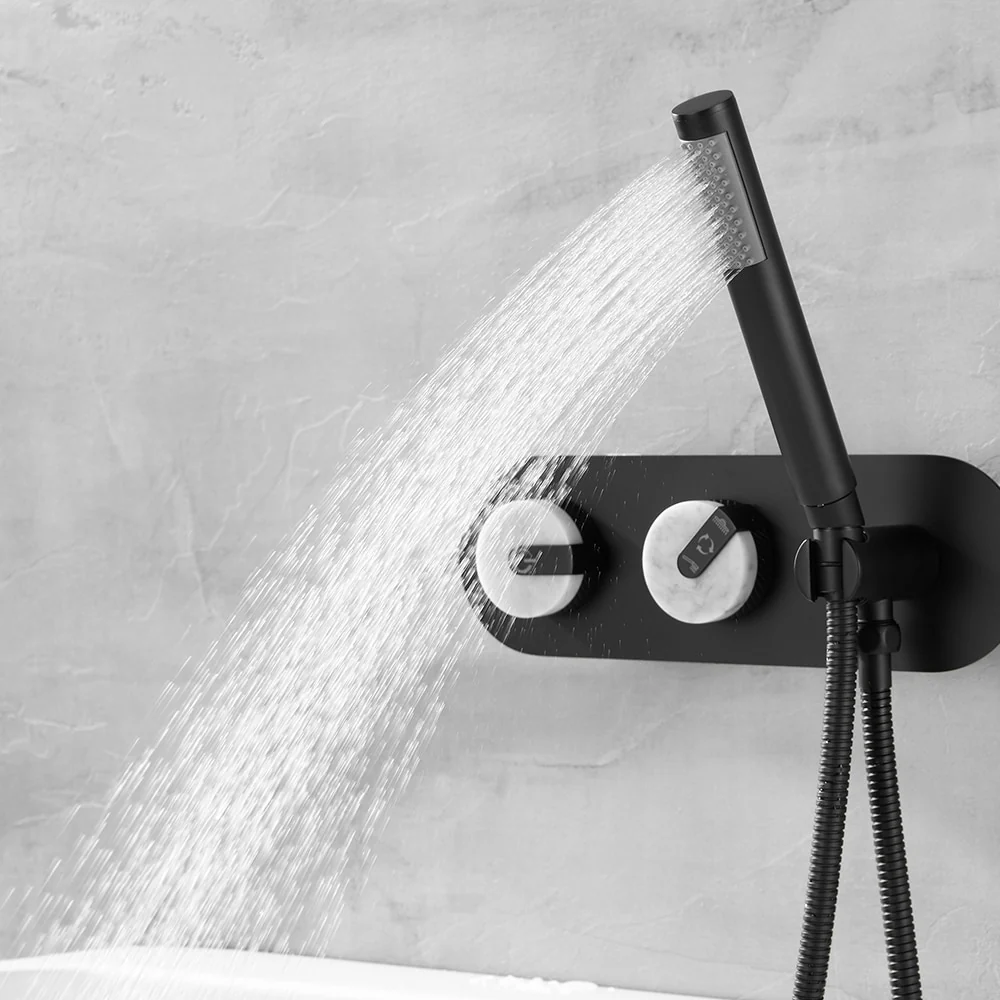 Freestanding Bathtub Faucet Tub Filler Jade Dual Handle Floor Mount Bathroom Faucet with Handheld Shower Bath Mixer Tap - Image 3