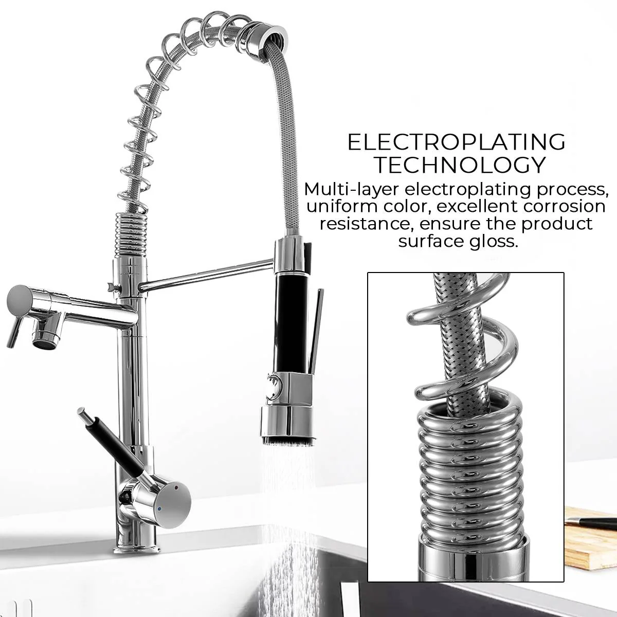Kitchen Chrome Pull Out Side Spring Faucet Dual Spout Sprayer Single Handle Mixer Tap Sink Faucet 360 Rotation Deck Mounted - Image 3