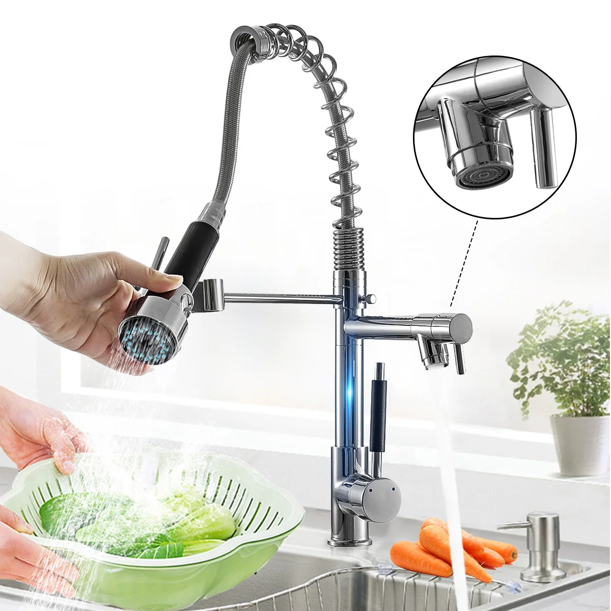 Kitchen Chrome Pull Out Side Spring Faucet Dual Spout Sprayer Single Handle Mixer Tap Sink Faucet 360 Rotation Deck Mounted - Image 4