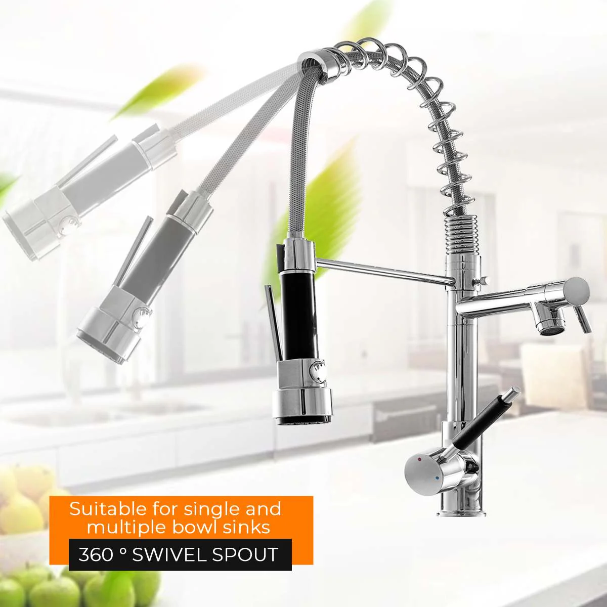 Kitchen Chrome Pull Out Side Spring Faucet Dual Spout Sprayer Single Handle Mixer Tap Sink Faucet 360 Rotation Deck Mounted - Image 5