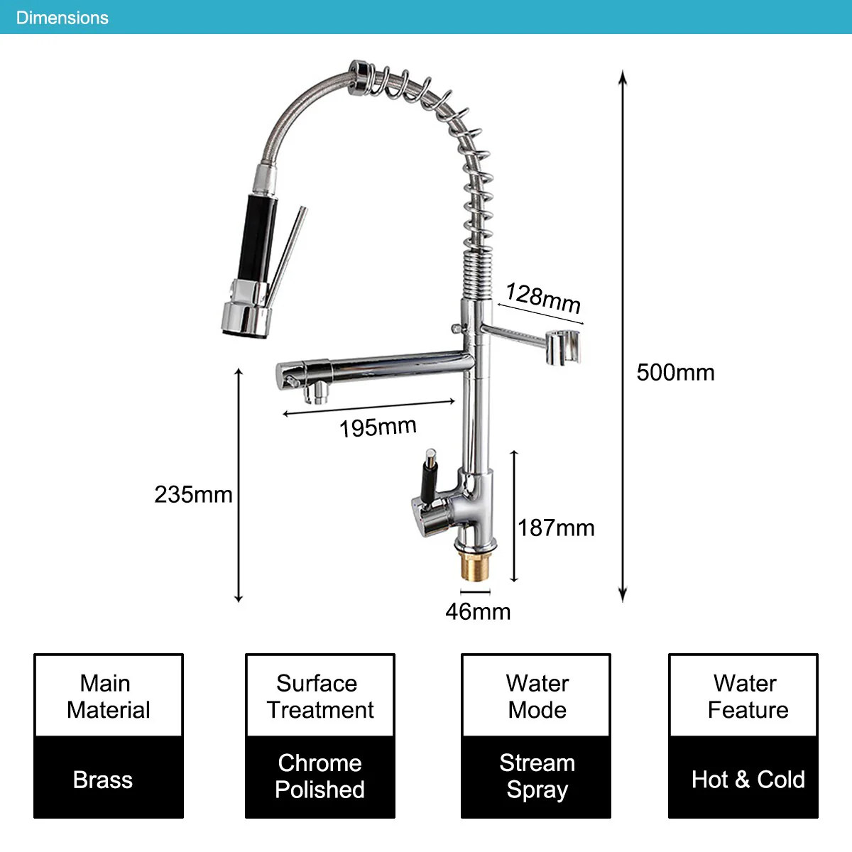 Kitchen Chrome Pull Out Side Spring Faucet Dual Spout Sprayer Single Handle Mixer Tap Sink Faucet 360 Rotation Deck Mounted - Image 7