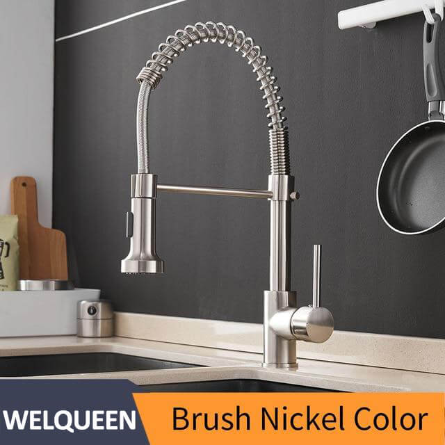 Kitchen Faucets Brush Brass Faucets for Kitchen Sink Single Lever Pull Out Spring Spout Mixers Tap Hot Cold Water Taps - Image 10