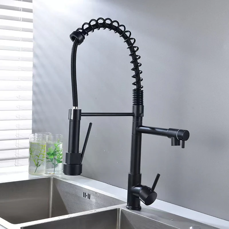 Deck Mounted Water Kitchen Faucet Black Bronze Spring Pull Down Dual Spray Spout Kitchen Mixer Tap - Image 3
