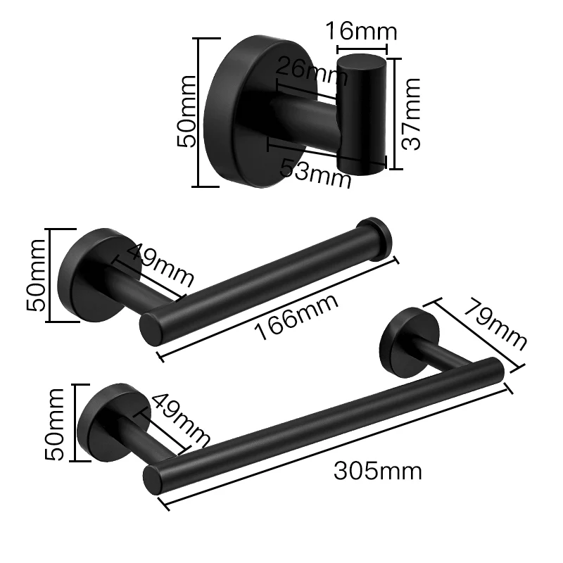 Matte Black Bathroom Hardware Set Robe Hook Single Towel Bar Toilet Paper Holder - Image 6