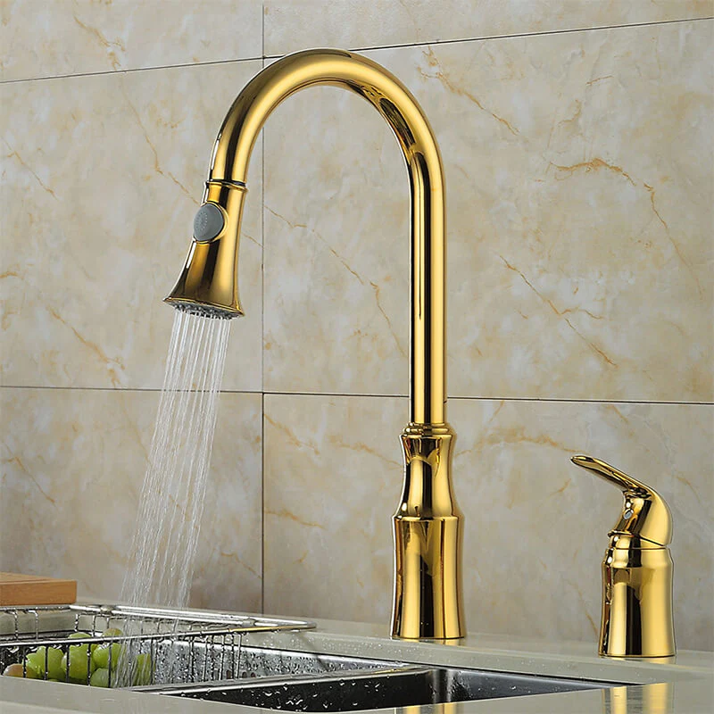 Modern Brass Single Handle Dual Hole Kitchen Faucet | Pull Down Sprayer Spring Kitchen Faucet Dual Function Kitchen Sink Faucet - Image 3