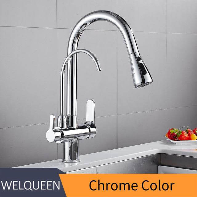 Pull Out Kitchen Faucets With Water Filter Tap Three Ways Brass Sink Mixer Kitchen Faucet Dual Handles - Image 12