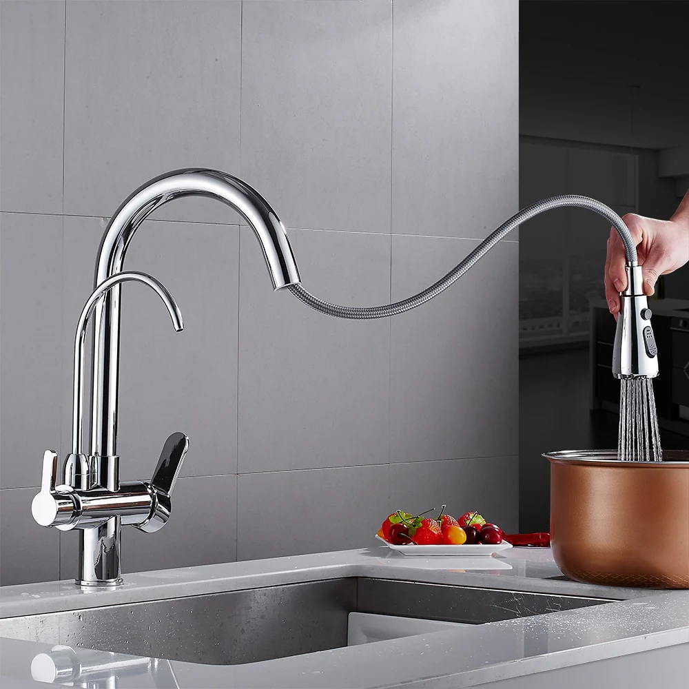 Pull Out Kitchen Faucets With Water Filter Tap Three Ways Brass Sink Mixer Kitchen Faucet Dual Handles - Image 3