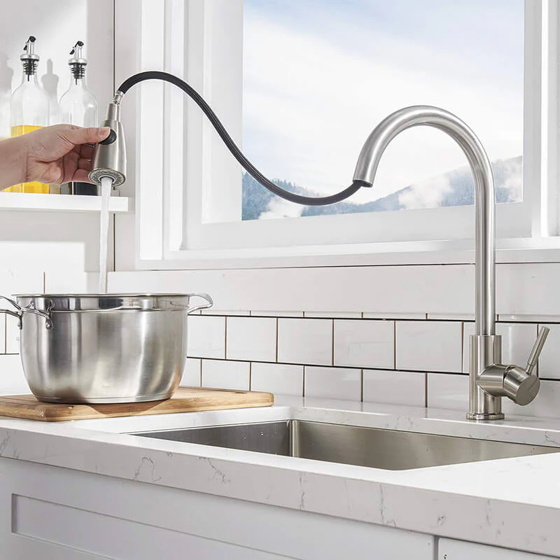 Stainless Steel Pull Down Kitchen Faucet | Single Handle High Arc Pull Out Kitchen Faucet | Swivel Single Lever Kitchen Sink Faucet - Image 4