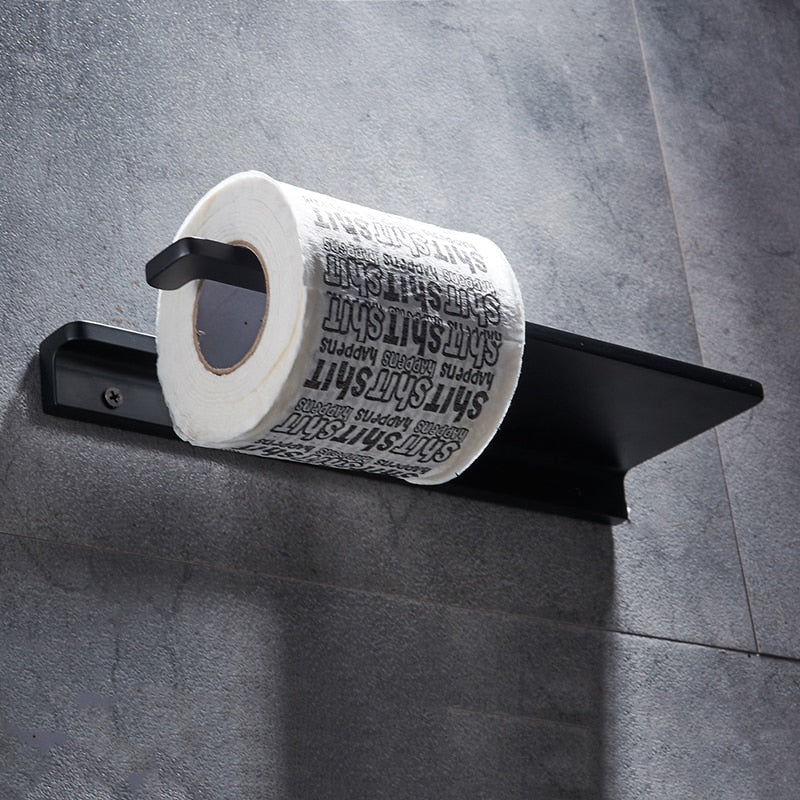 Toilet Paper Holder with Shelf | Black Aluminum Roll Paper Holder Creative Mobile Phone Rack | Wall Mount Bathroom Paper Towel Rack - Image 4
