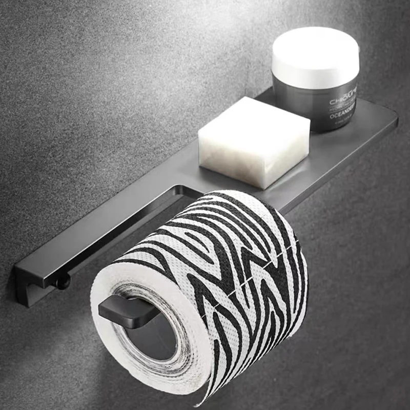 Toilet Paper Holder with Shelf | Black Aluminum Roll Paper Holder Creative Mobile Phone Rack | Wall Mount Bathroom Paper Towel Rack - Image 8