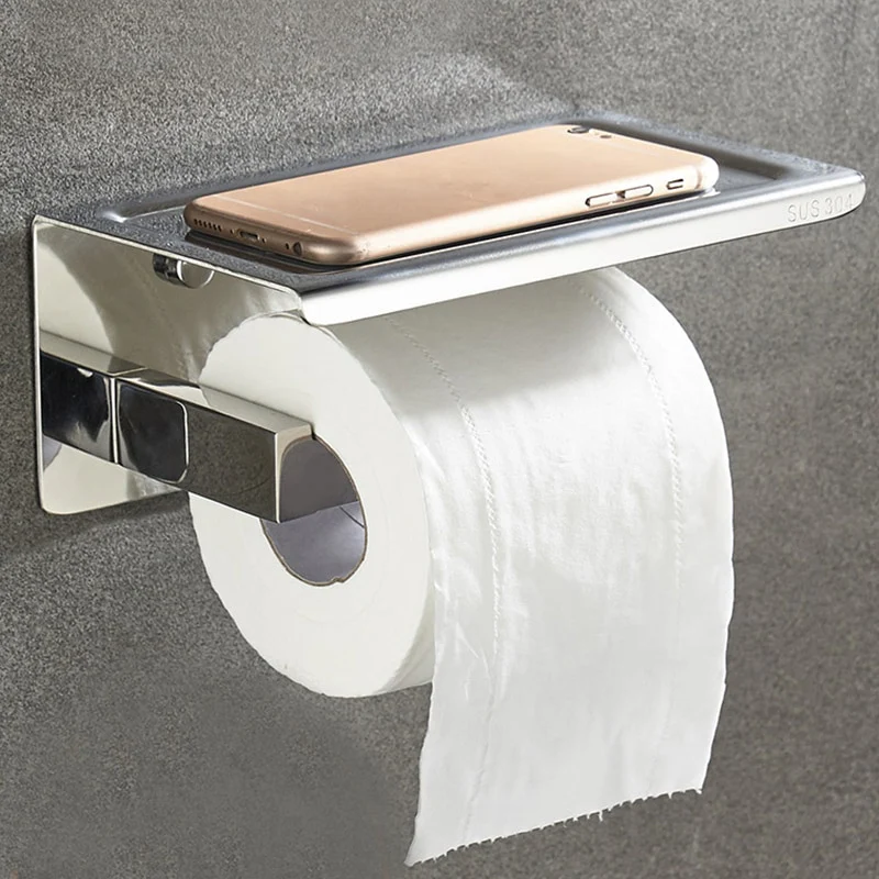 Toilet Paper Holder with Shelf Stainless Steel Paper Roll Holder Wall Mounted Bathroom Hardware Set (Matte Black) - Image 3
