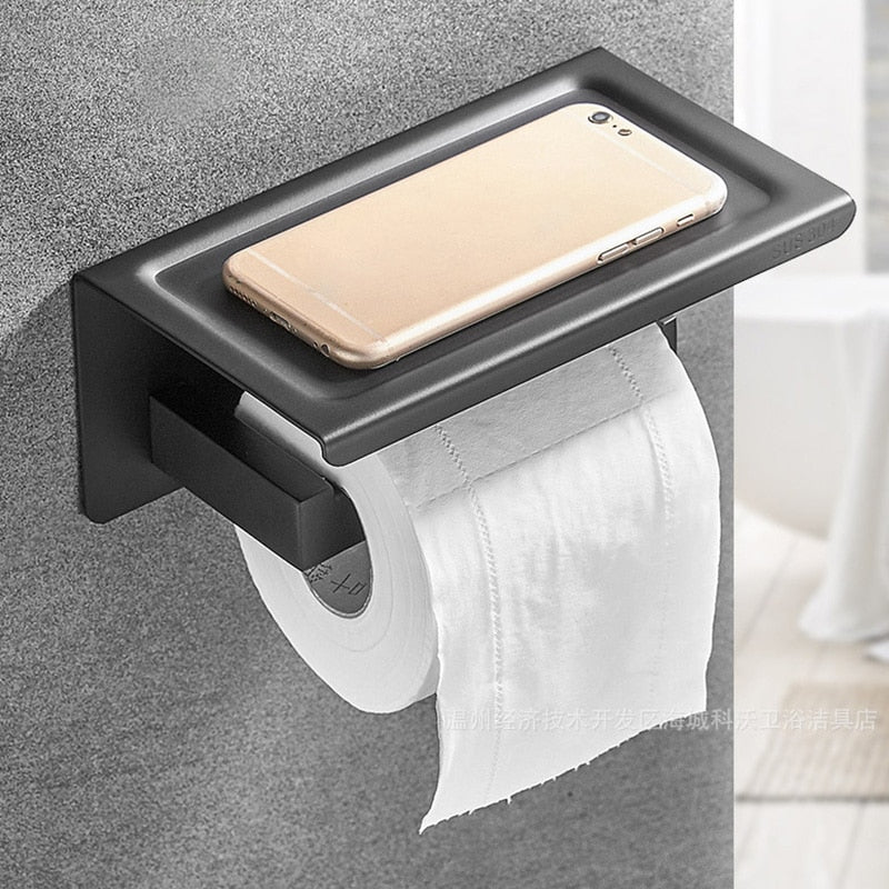 Toilet Paper Holder with Shelf Stainless Steel Paper Roll Holder Wall Mounted Bathroom Hardware Set (Matte Black) - Image 4