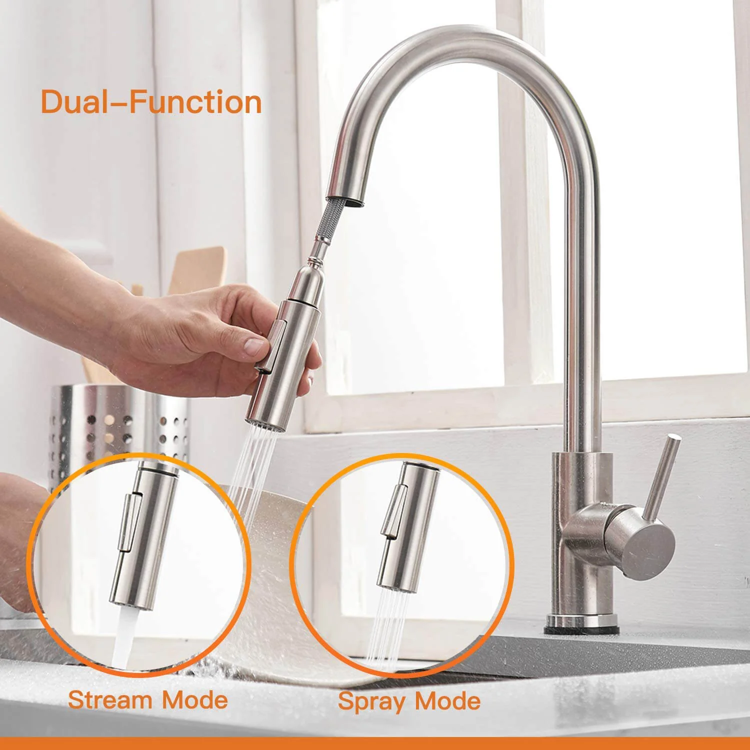Touch On Kitchen Faucets with Pull Down Sprayer | Single Handle Kitchen Sink Faucet | Stainless Steel Touch Activated Faucet - Image 5