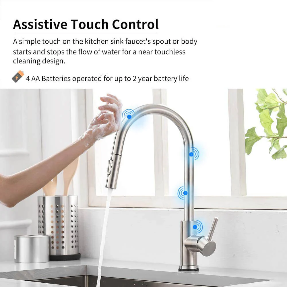 Touch On Kitchen Faucets with Pull Down Sprayer | Single Handle Kitchen Sink Faucet | Stainless Steel Touch Activated Faucet - Image 7