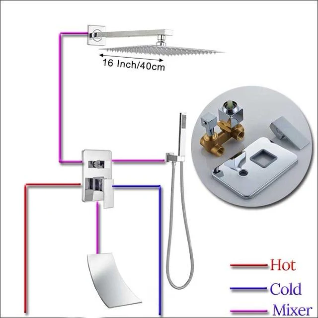 Wall Mount Rainfall Shower Faucet Set Chrome Bathroom Concealed Waterfall Shower System with Swivel tub Spout Mixer Tap - Image 13