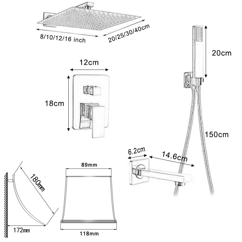 Wall Mount Rainfall Shower Faucet Set Chrome Bathroom Concealed Waterfall Shower System with Swivel tub Spout Mixer Tap - Image 9