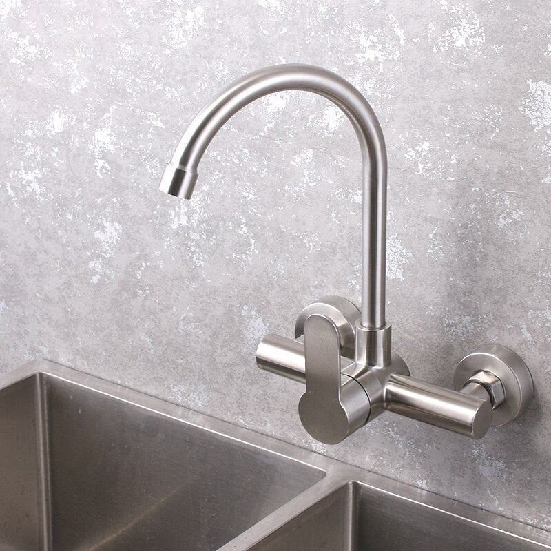 Wall mounted black kitchen faucet single handle double holes hot and cold water faucets - Image 3